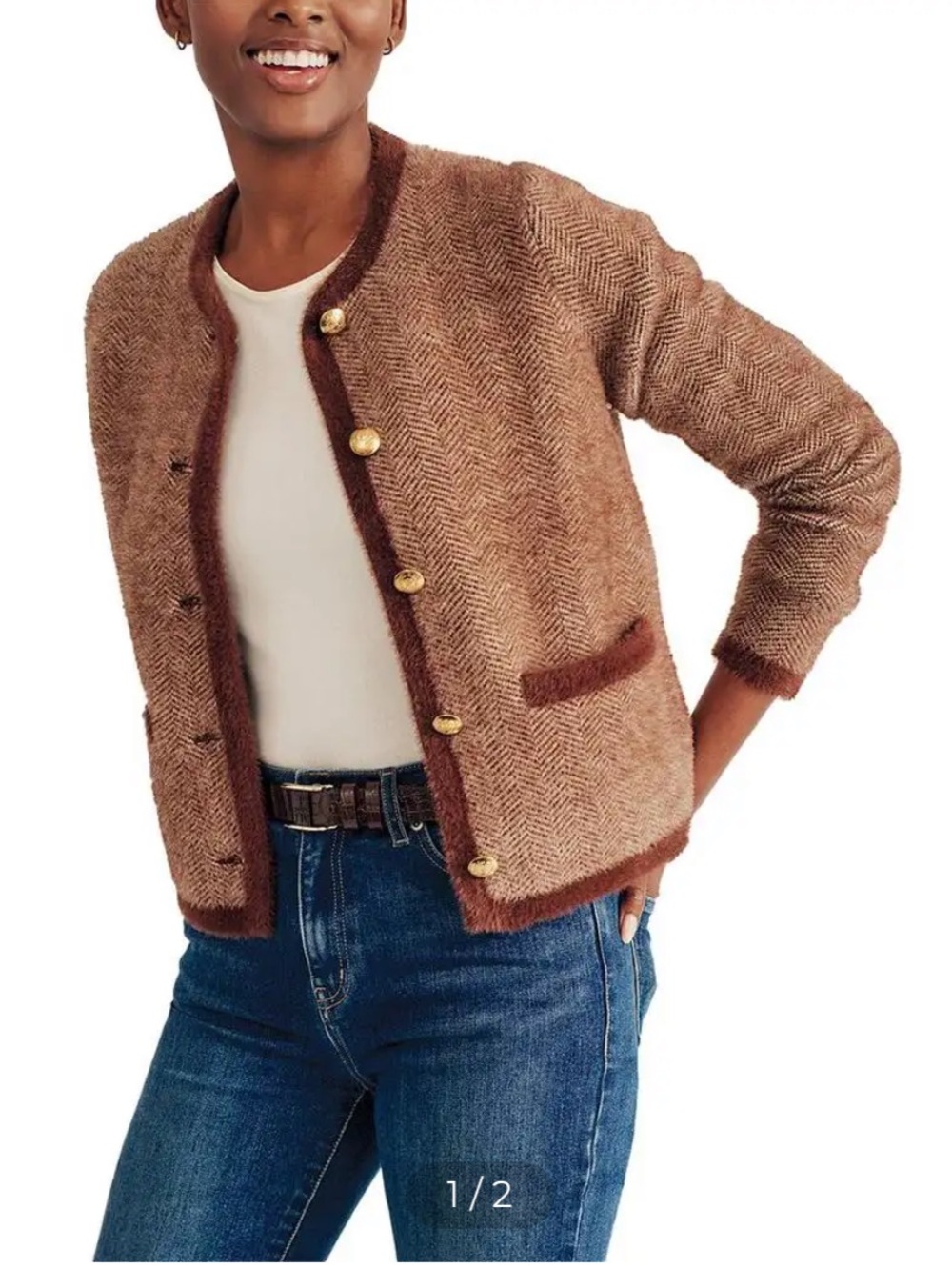 J. Mclaughlin Inez Cardigan Sweater Fuzzy Brown Herringbone Womens Medium